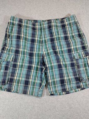 LL Bean Shorts Mens 38 Blue Plaid Cargo Hybird Cargo Mesh Liner 10in Inseam Swim